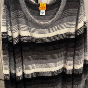 Fuzzy Striped Sweater in Black, Gray, and White